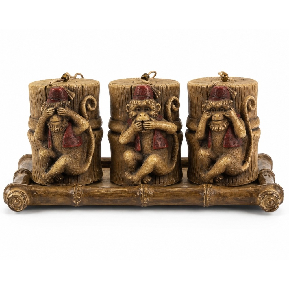Lava Candles Three Wise Monkeys Pillar Set Faux Bamboo Tray Hear See Speak Evil